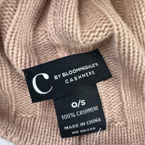 C Bloomingdales 100% Cashmere French Beret Hat Beige Tan Ribbed Knit Soft Warm - Picture 7 of 7